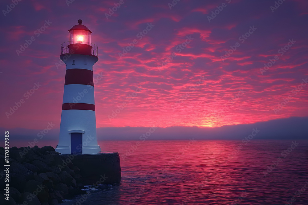 Naklejka premium Lighted lighthouse on rocky coast at sunset, dramatic pink sky.