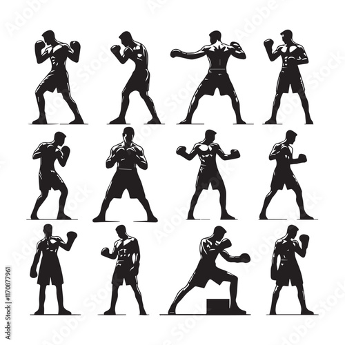 Vector a boxer stand with pose set silhouette vector SH