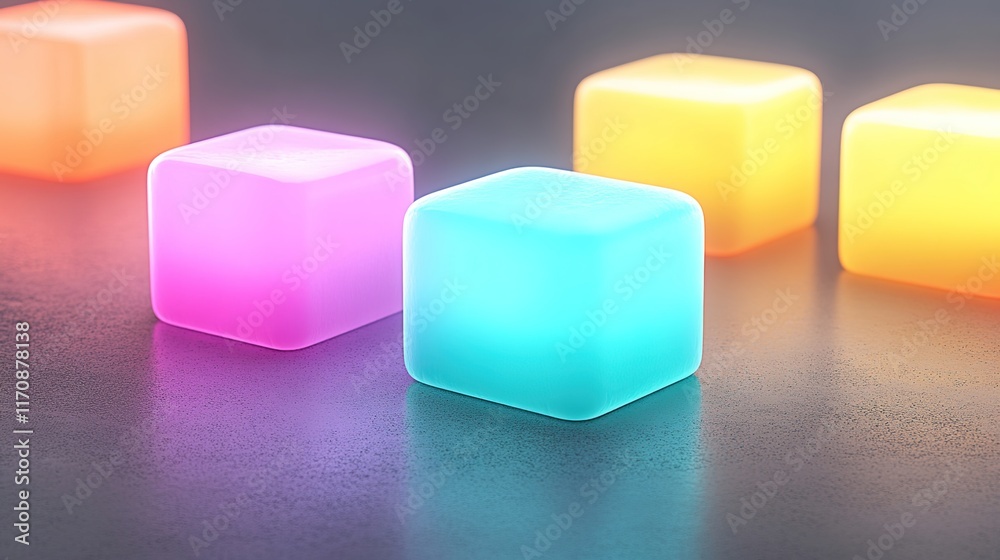 Colorful glowing cubes in soft light on a reflective surface Colorful glowing cubes in soft light on a reflective surface