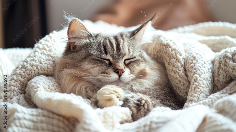 A fluffy cat peacefully sleeping wrapped in a cozy blanket. A fluffy cat peacefully sleeping wrapped in a cozy blanket.