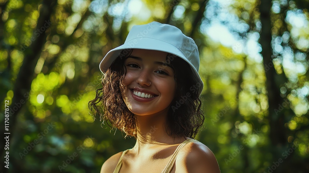Beautiful woman wearing blank white bucket hat mockup on green forest background Beautiful woman wearing blank white bucket hat mockup on green forest background