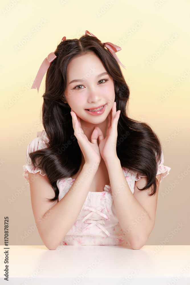 Young Asian smiling woman braces teeth wearing a light pastel dress and ribbons, on isolated a soft gradient background. Young Asian smiling woman braces teeth wearing a light pastel dress and ribbons, on isolated a soft gradient background.