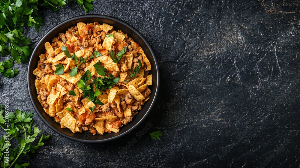 Frito pie presented as a casserole, isolated on a textured stone surface with fresh herb sprigs Frito pie presented as a casserole, isolated on a textured stone surface with fresh herb sprigs