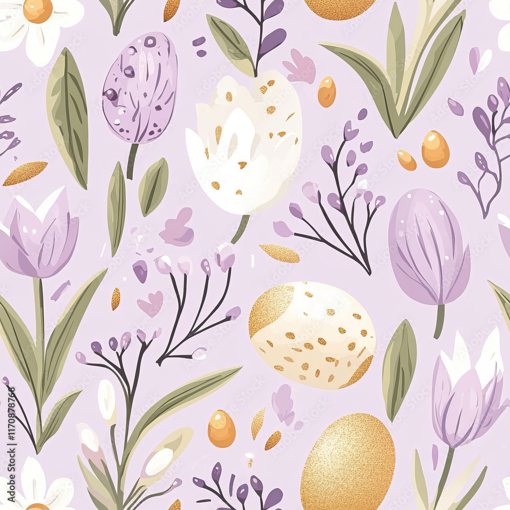 Fototapeta premium Spring floral easter egg pattern with lilac and white blooms