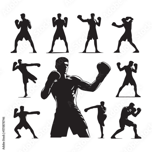 Vector a boxer stand with pose set silhouette vector SH