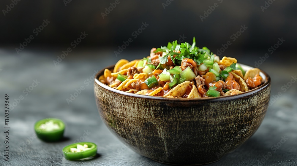 Frito pie served in a rustic ceramic bowl, isolated on a textured grey background with jalapeño slices on top Frito pie served in a rustic ceramic bowl, isolated on a textured grey background with jalapeño slices on top