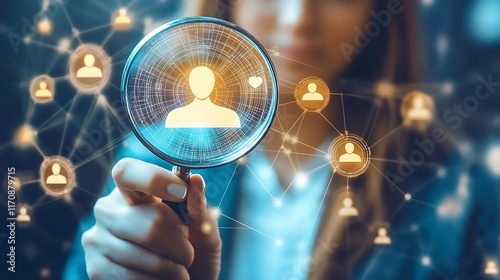 Woman using magnifying glass to examine digital profile in network.