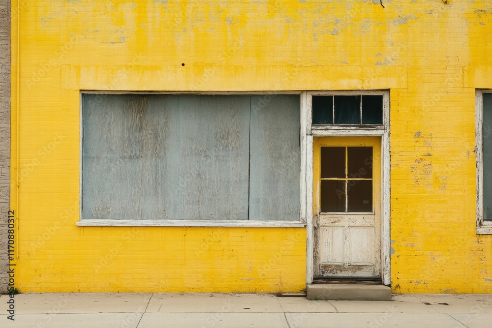 A yellow building with a white door and a window A yellow building with a white door and a window