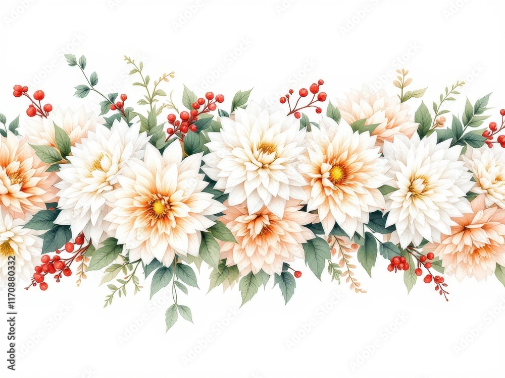 Fototapeta premium White and peach dahlia flowers with green leaves