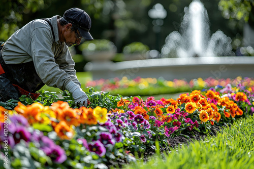 Gardener Planting Flowers in Public Park