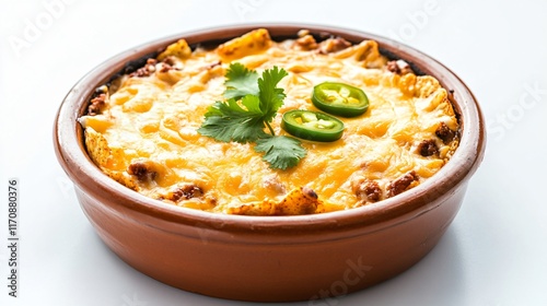 Frito pie with layers of melted cheese and crispy chips, isolated on a clean white background with jalapeño garnish photo