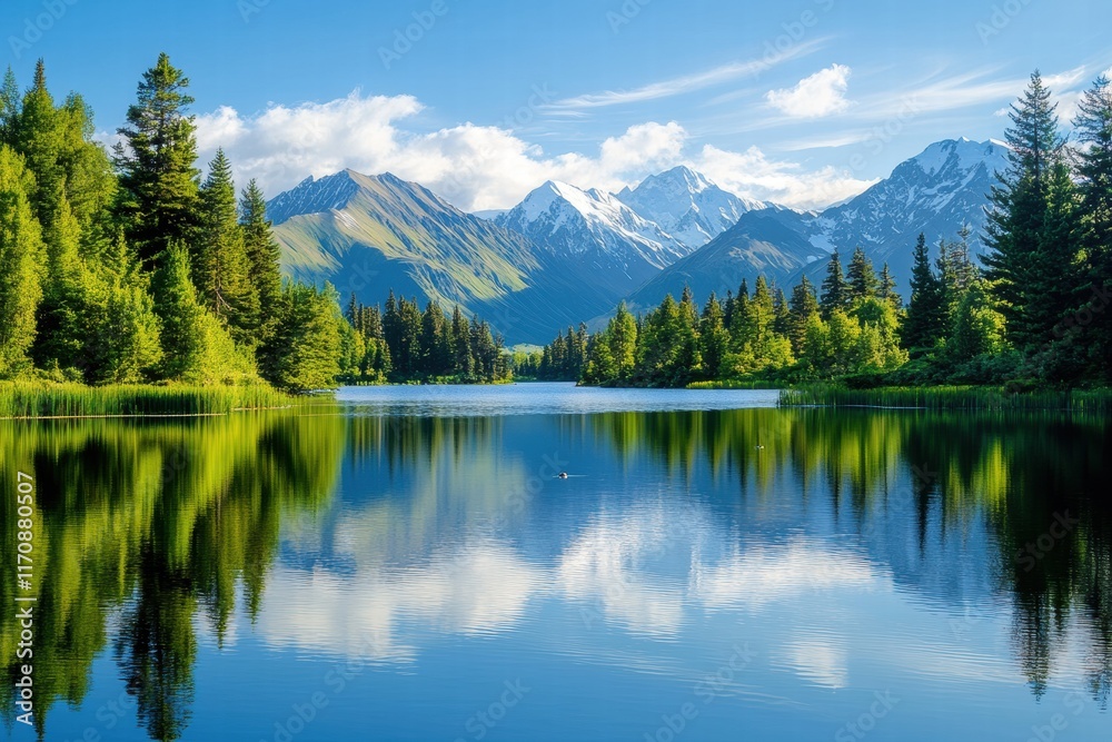 A beautiful lake surrounded by mountains with a clear blue sky A beautiful lake surrounded by mountains with a clear blue sky