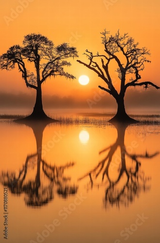 Two trees are reflected in the water, with the sun setting in the background