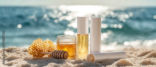 Honey skincare products on beach sand. photo