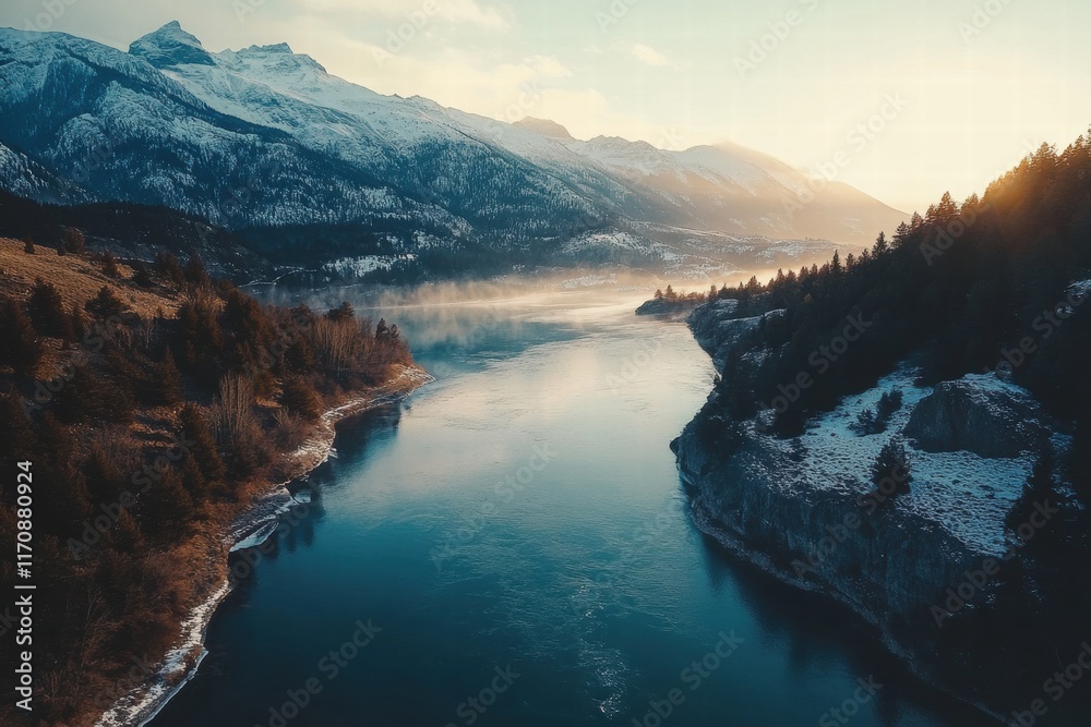 Fototapeta premium A beautiful mountain range with a river running through it