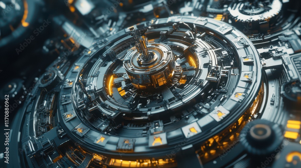 Fototapeta premium A futuristic mechanical system with high-tech wheels, rotating gears, and steel cogs in motion, symbolizing innovation and creativity.