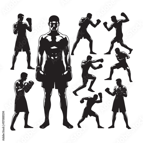 Vector a boxer stand with pose set silhouette vector SH