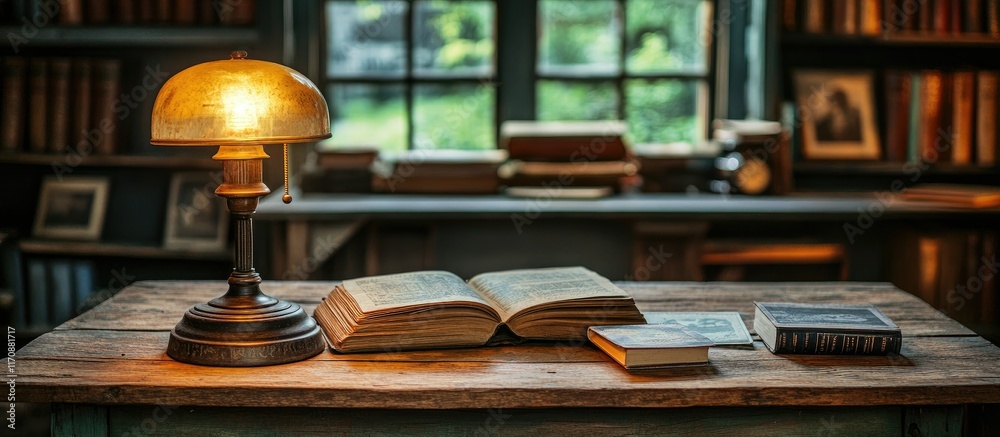 Obraz premium Antique Lamp Illuminates Open Book on Wooden Desk in Library Setting