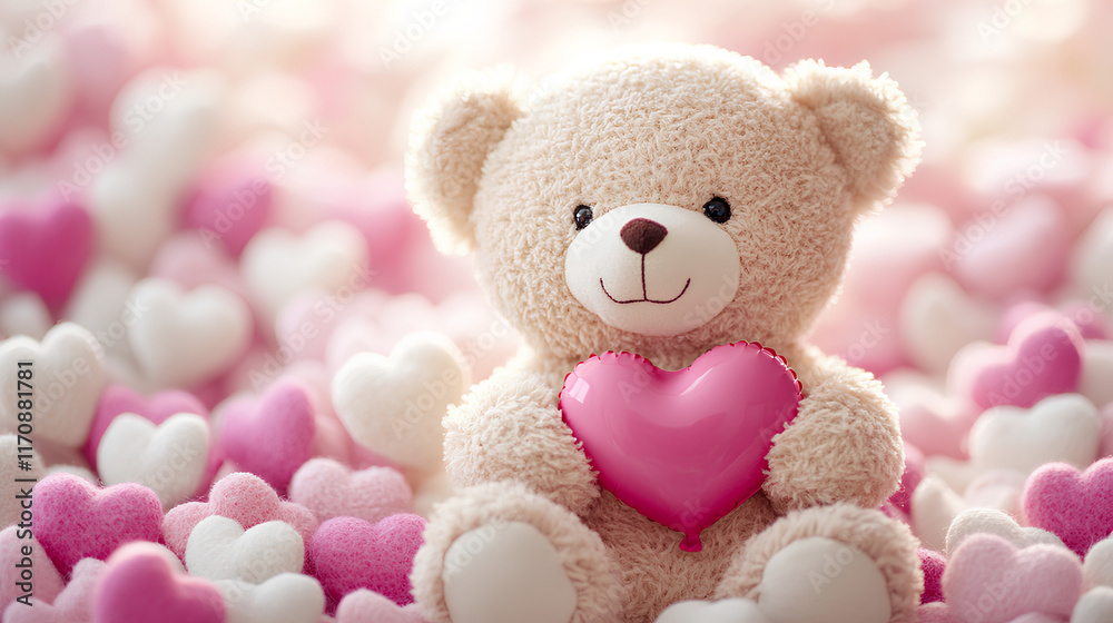 Teddy bear is sitting in a pile of hearts, holding a pink heart in its mouth