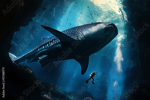 Underwater scene of a scuba diver floating peacefully near a massive whale shark, showing the scale difference. photo