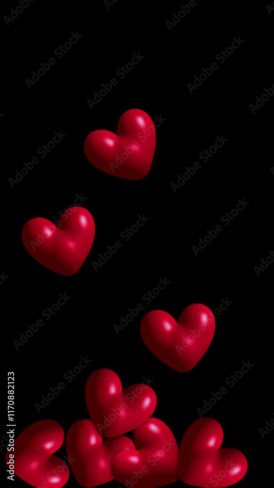 red heart falling illustration animated footage on black and greenscreen