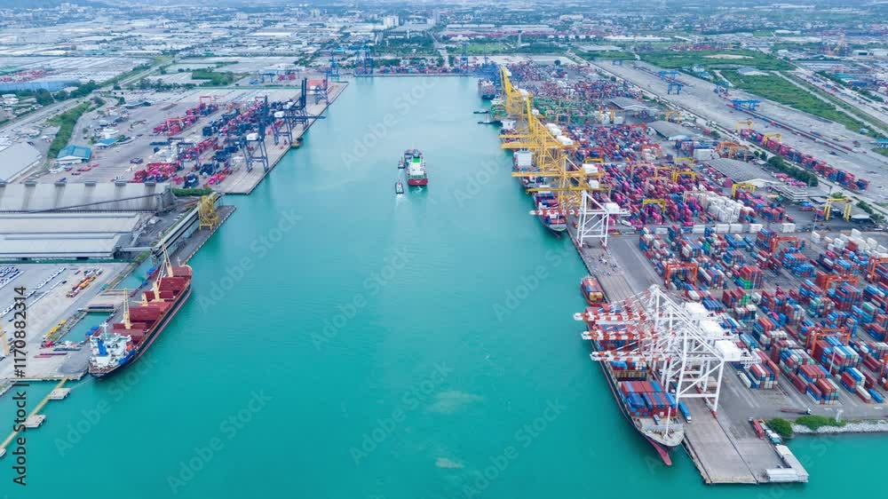 time lapse Shipyard Cargo Container Sea Port Freight forwarding service logistics and transportation. International Shipping Depot Custom Port for import export trade Transport Business manufacturing	