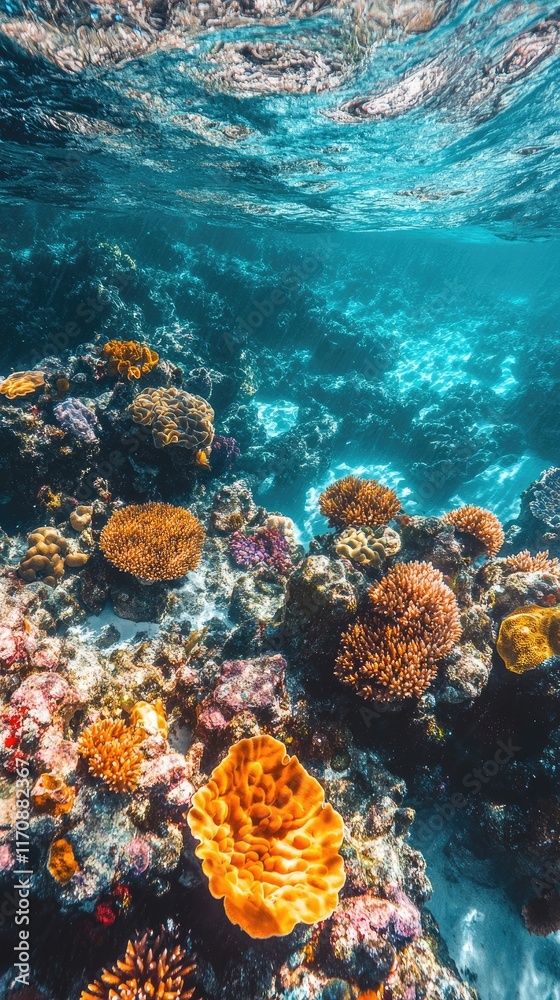 Naklejka premium Vibrant Coral Reef Underwater Ecosystem Scene