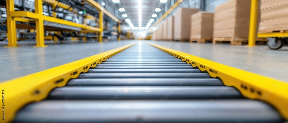Fototapeta premium Logistics and Supply Chain concept, Conveyor belt in a modern warehouse with illuminated space and stacked boxes, illustrating logistics and efficiency.