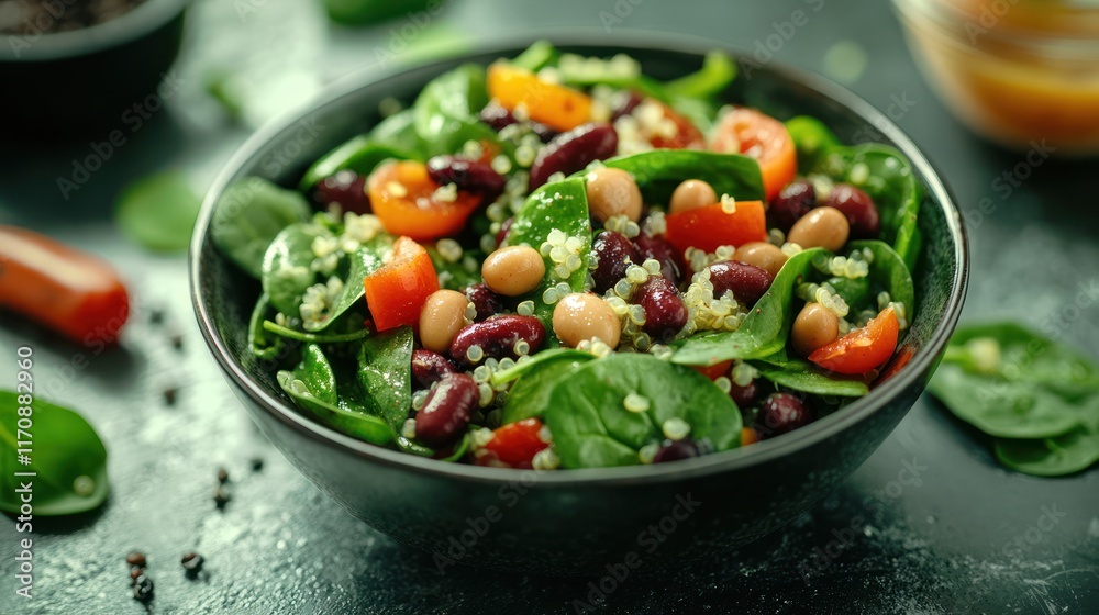 Colorful quinoa salad with spinach, beans, and tomatoes. Colorful quinoa salad with spinach, beans, and tomatoes.
