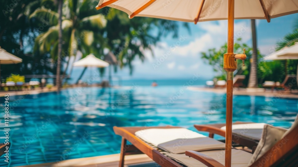 This shot with beach umbrellas and poolside loungers is perfect for advertising tourist destinations and spa resorts, creating an atmosphere of relaxation and recreation.