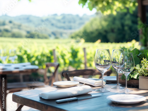 On a sunny summer day, a wide angle view of an empty table in the restaurant reveals a beautiful setting, with lush vineyards stretching out in the distance, creating a calm and inviting atmosphere photo