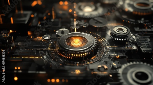 A futuristic machine with transparent gears and glowing cogs, symbolizing the advanced technology behind modern industrial design.