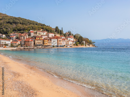 Moscenicka draga, Istria, Croatia. Beautiful seascape, tourism, the coast of a historical city, clean climate, healthy lifestyle.