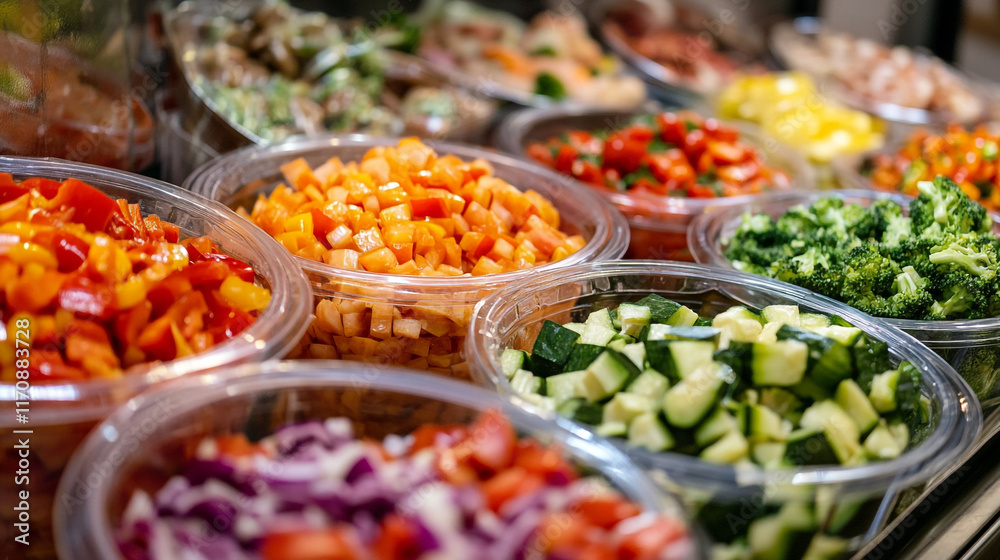 Obraz premium Colorful array of fresh chopped vegetables displayed at a local market