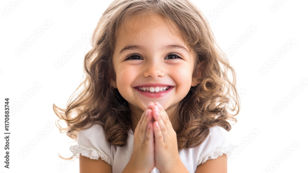 A young girl joyfully smiling with her hands clasped together, creating a heartwarming image that represents happiness and innocence, perfect for depicting childhood or joyful moments.. A young girl joyfully smiling with her hands clasped together, creating a heartwarming image that represents happiness and innocence, perfect for depicting childhood or joyful moments..