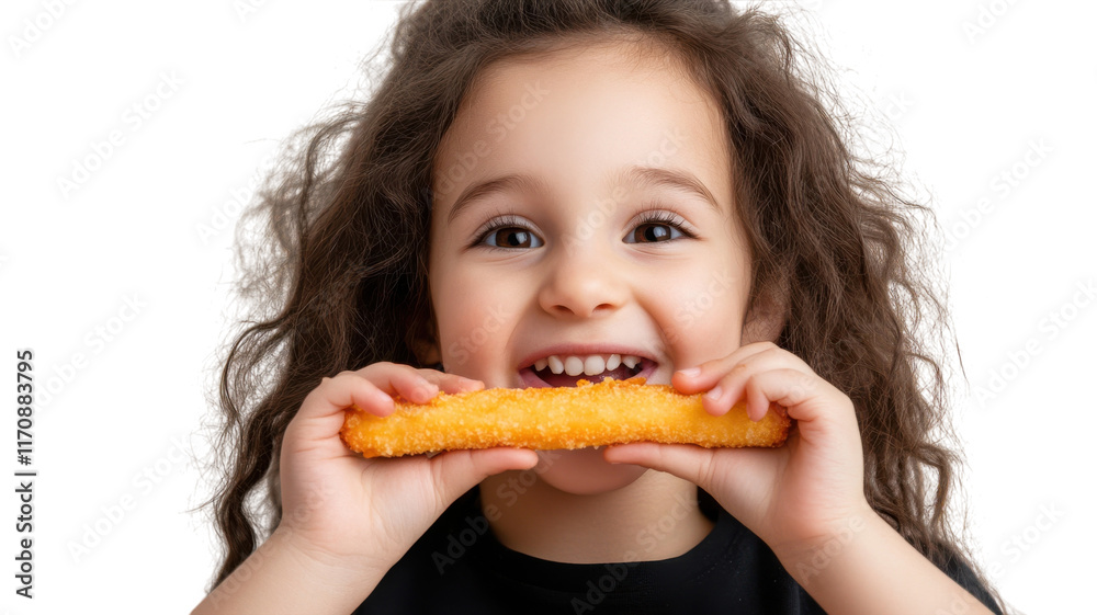 A Young Girl Enjoying a Cheese Stick Snack in a Playful Setting Perfect for Advertising Healthy Eating Options for Children. A Young Girl Enjoying a Cheese Stick Snack in a Playful Setting Perfect for Advertising Healthy Eating Options for Children.