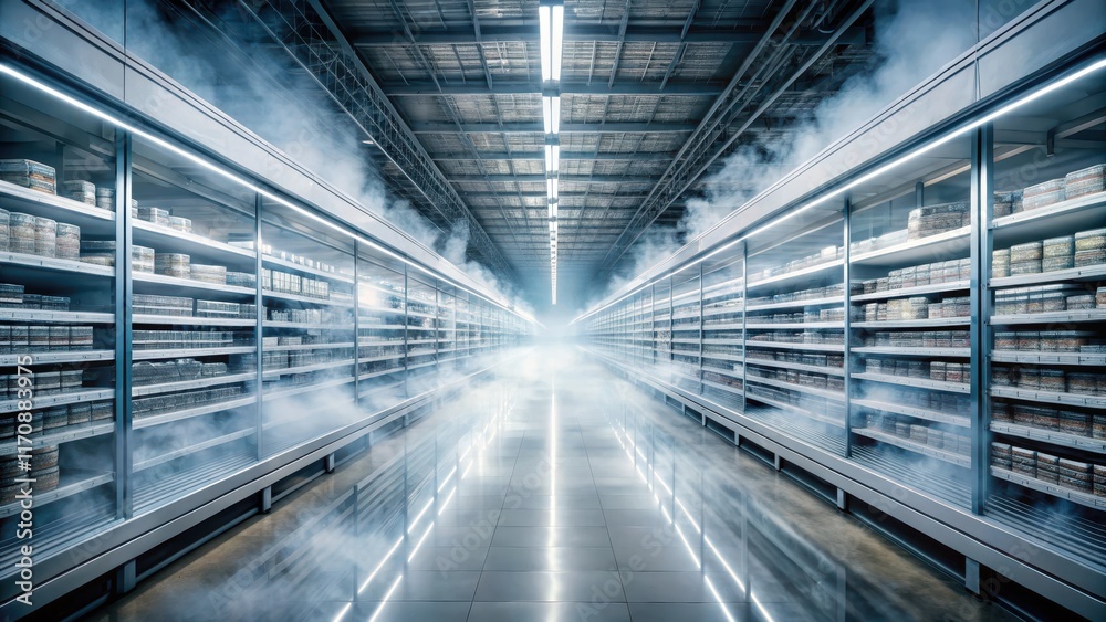 Mysterious fog rolling through the empty aisles of a grocery store Mysterious fog rolling through the empty aisles of a grocery store