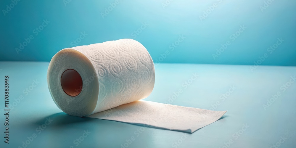 Softly glowing roll of toilet paper unrolled on a calming blue background, revealing the delicate texture and subtle sheen of the paper, comfort, serene atmosphere Softly glowing roll of toilet paper unrolled on a calming blue background, revealing the delicate texture and subtle sheen of the paper, comfort, serene atmosphere