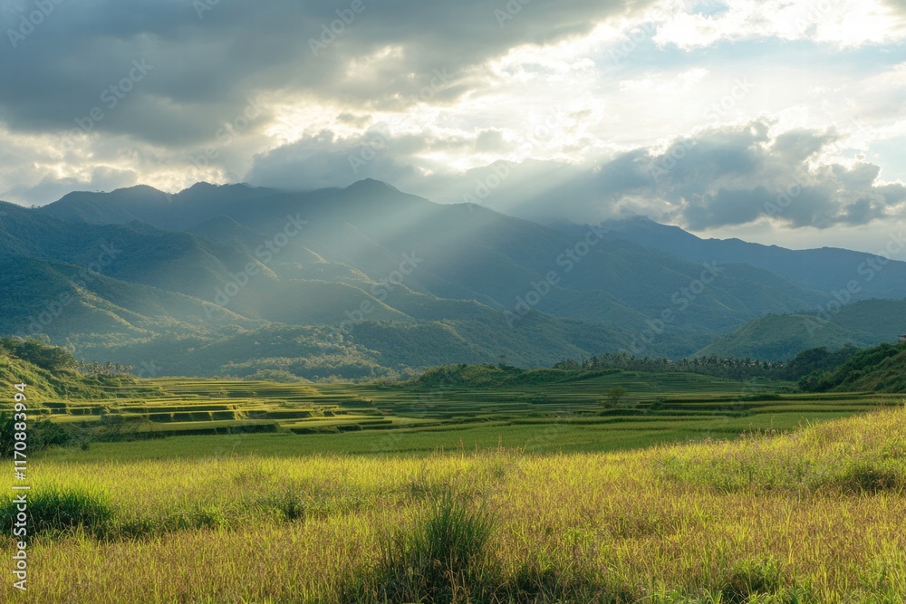Fototapeta premium A field of grass with mountains in the background