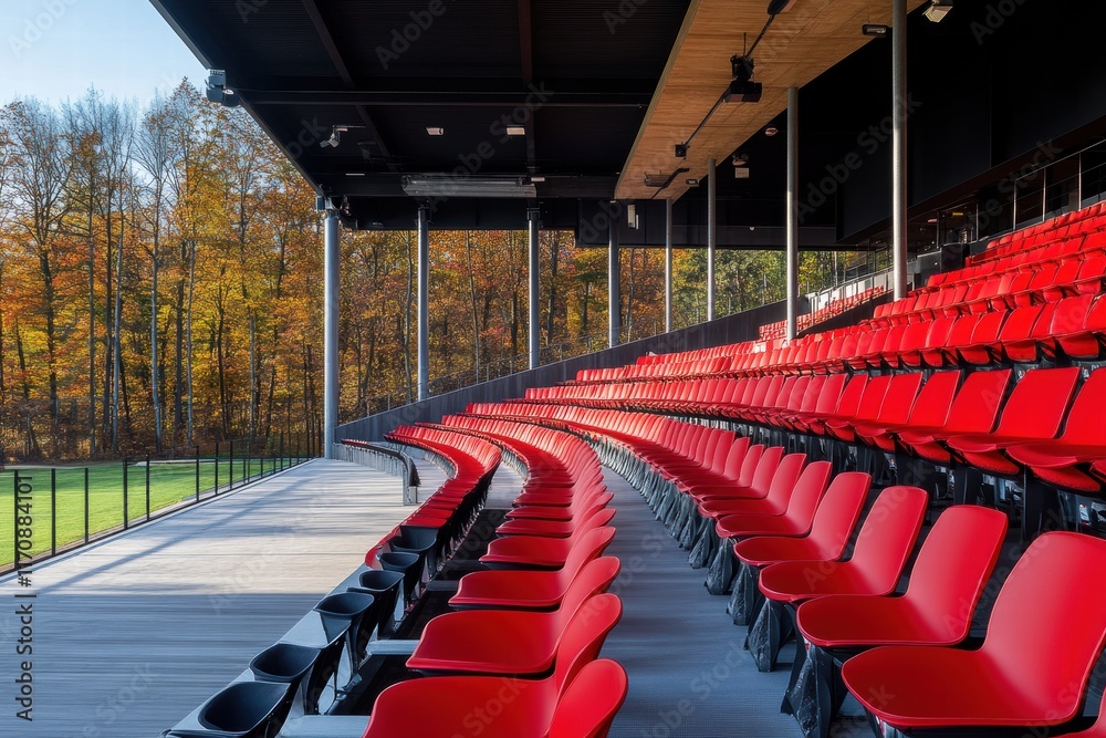 Fototapeta premium A stadium with red seats and a view of trees