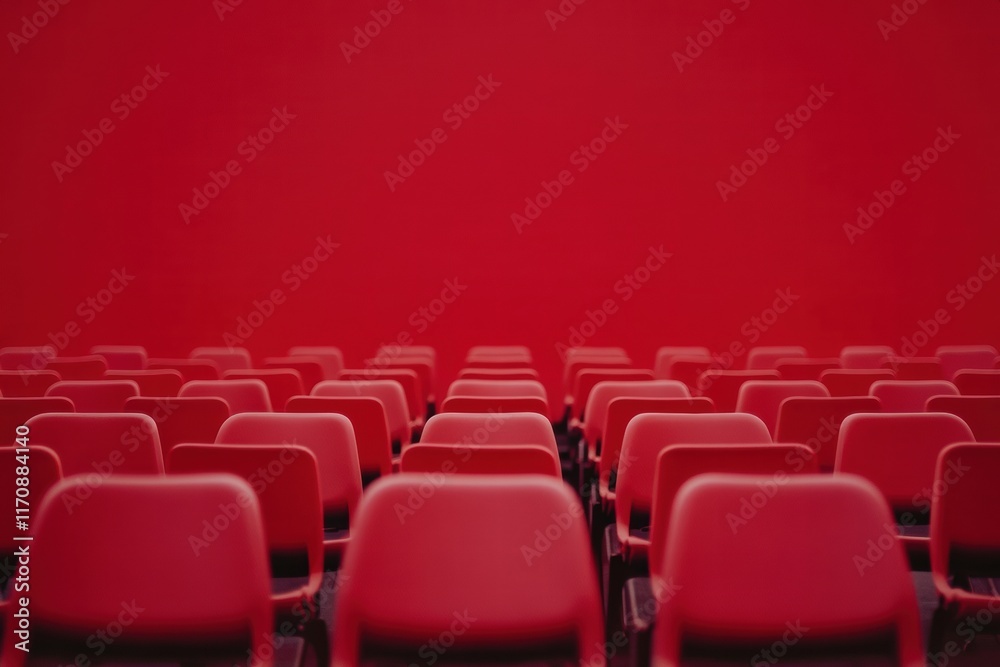 Naklejka premium A red wall with a row of empty red chairs