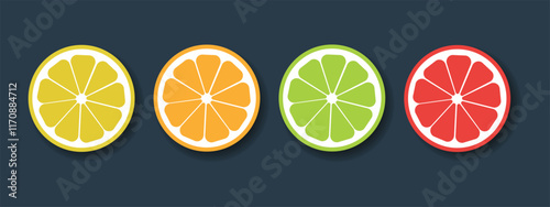 Citrus fruits set. Collection of lemon, orange, lime and grapefruit icons on a dark background. Vector illustration.