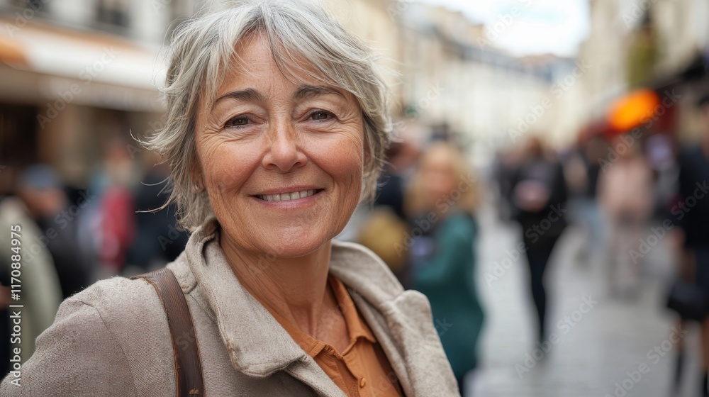 Fototapeta premium An elderly woman smiles warmly while standing in a bustling urban street filled with people and vibrant city life.