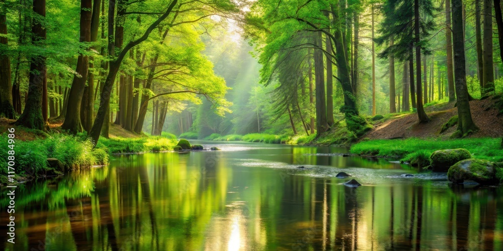 Fototapeta premium A serene forest scene with a river flowing through it, surrounded by tall trees and lush greenery , wilderness, nature, wilderness