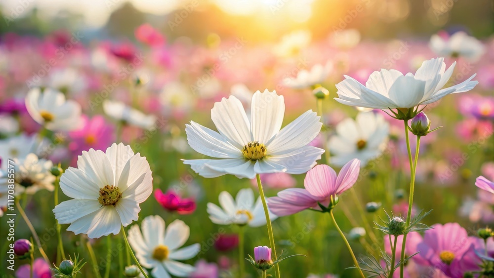 fields of cosmos flowers with delicate white petals and intricate details, flower field fields of cosmos flowers with delicate white petals and intricate details, flower field