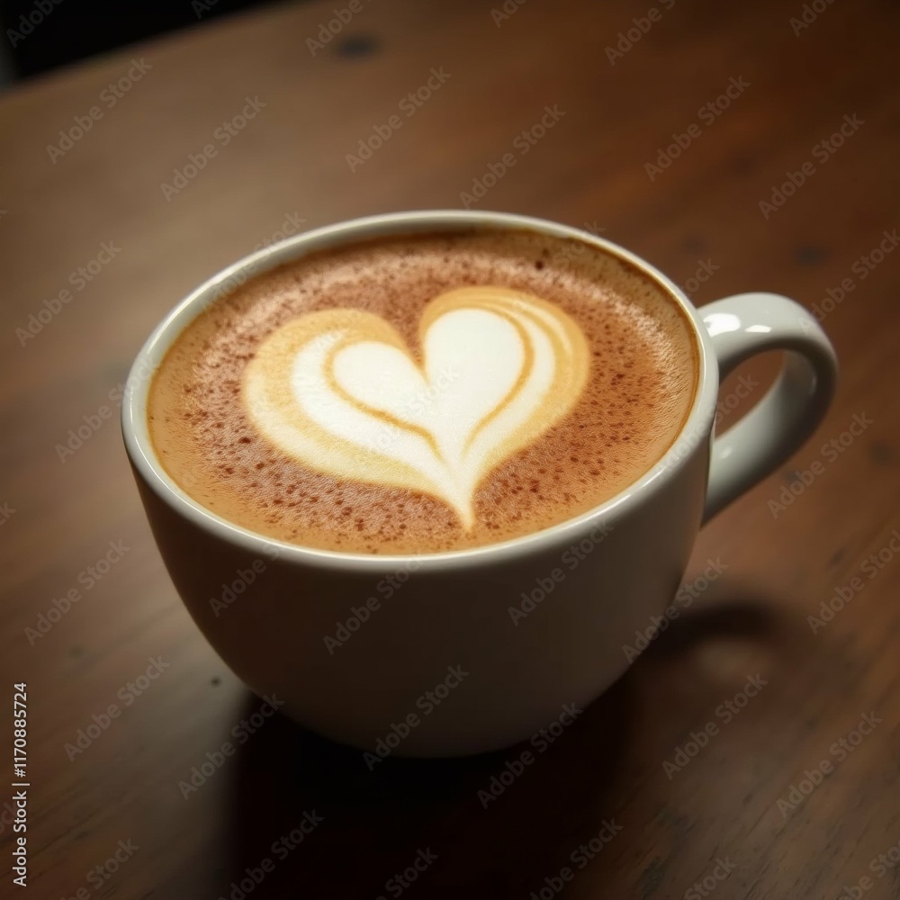 Fototapeta premium The image is a close-up of a cup of coffee on a wooden table. The cup is white and has a handle on the right side. The coffee is a light brown color and appears to be freshly brewed.