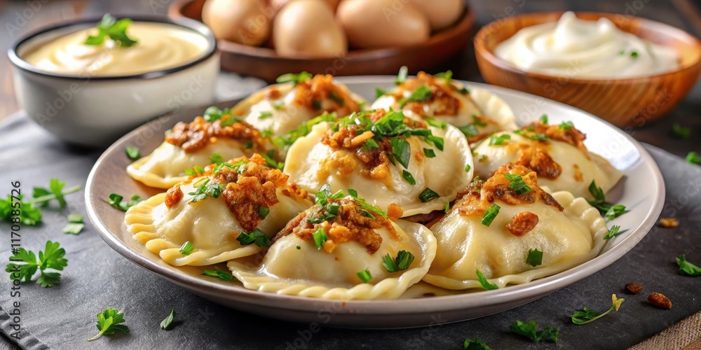 A plate of steaming hot homemade pierogi dumplings filled with melted butter and fried onions, garnished with fresh parsley and a side of sour cream, homemade pierogi, culinary art A plate of steaming hot homemade pierogi dumplings filled with melted butter and fried onions, garnished with fresh parsley and a side of sour cream, homemade pierogi, culinary art