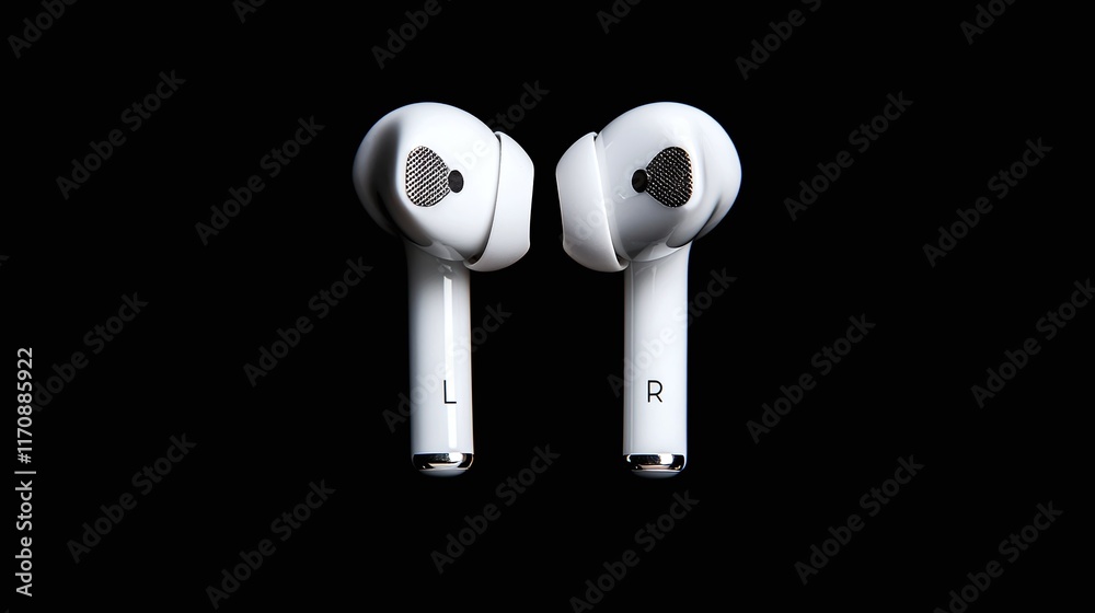 White wireless earbuds isolated on black background. White wireless earbuds isolated on black background.