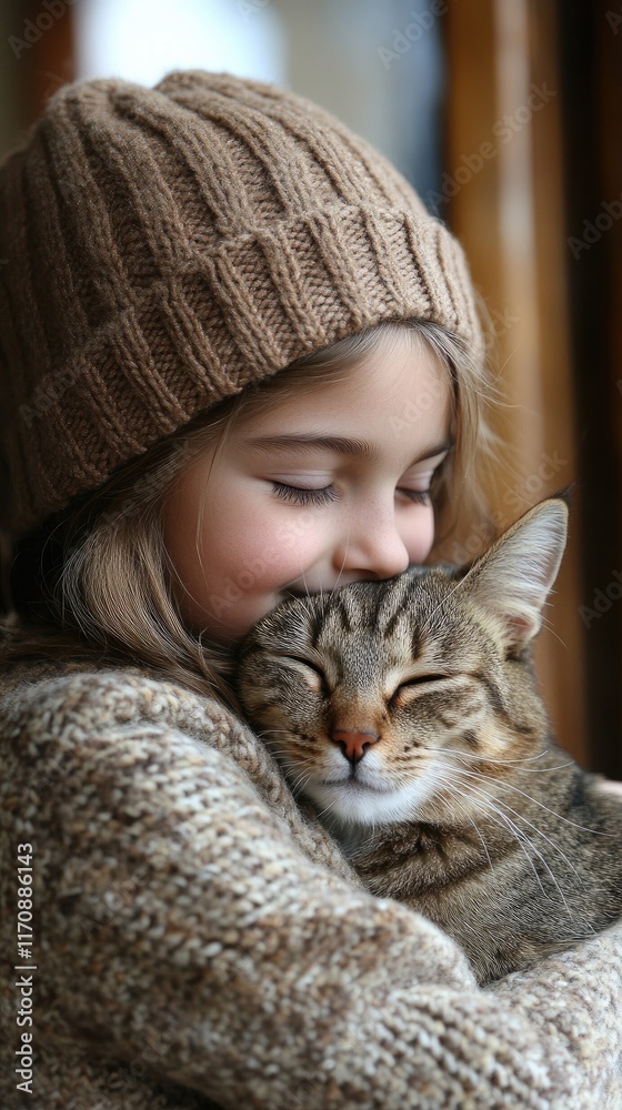 A young girl lovingly embraces a cat, showcasing a warm moment of friendship and affection. A young girl lovingly embraces a cat, showcasing a warm moment of friendship and affection.
