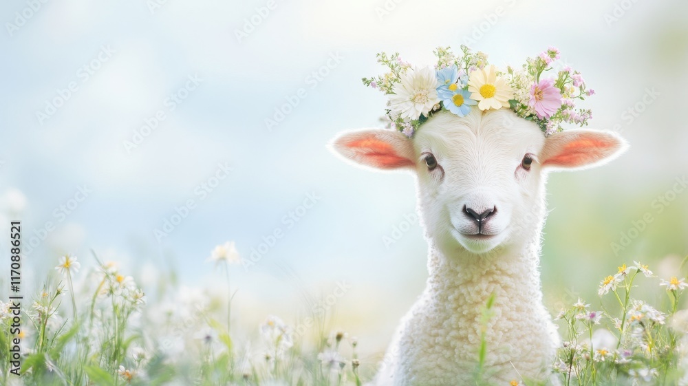 Fototapeta premium Floral-crowned lamb in lush meadow, gentle Easter celebration. Easter